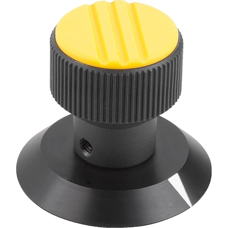 Kipp Knurled Knob W Arrow Size:3, D1=34, H=43, D=8, Plastic Black, Comp:Aluminum, Cap:Yellow K0249.3087
